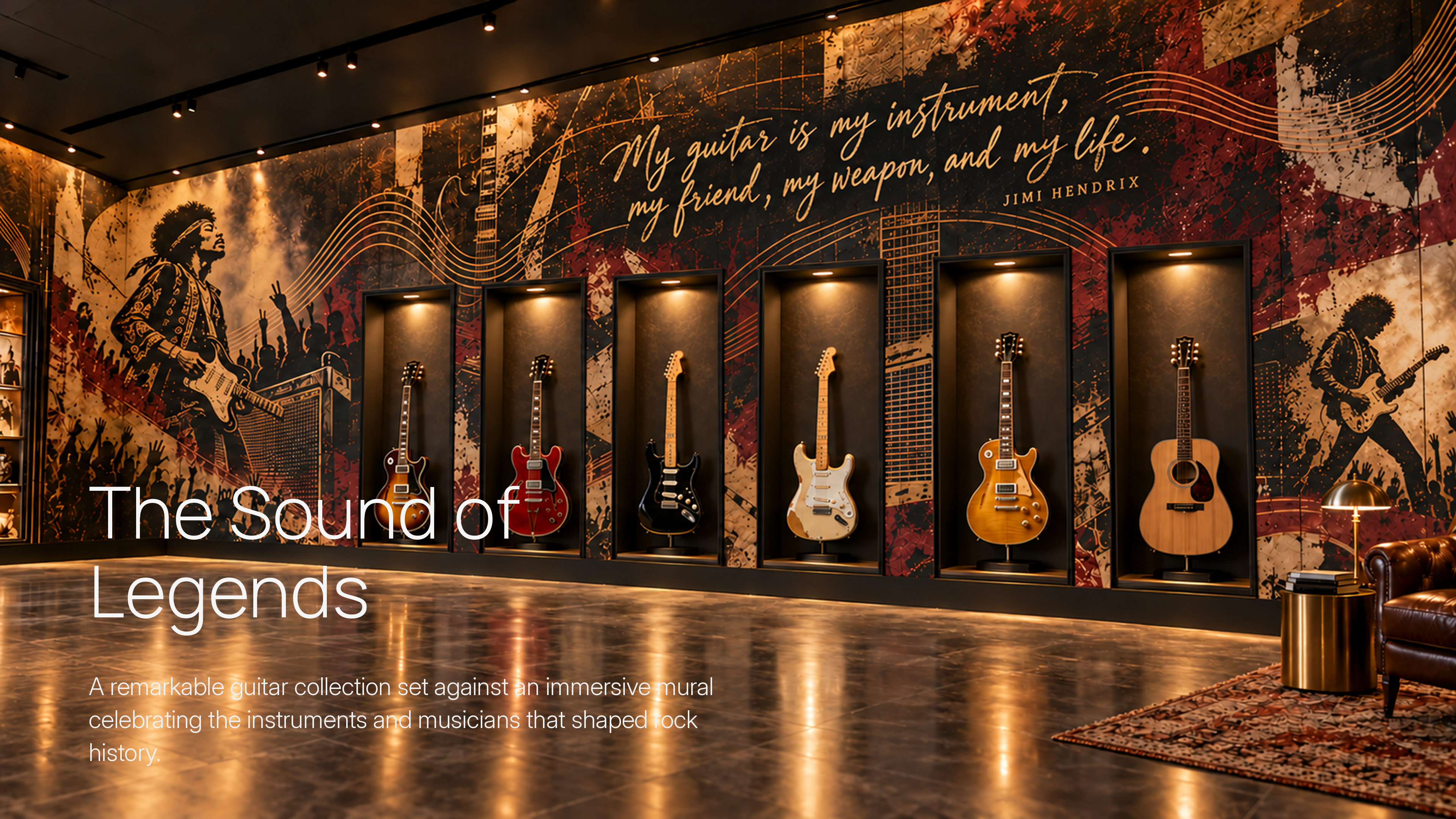 The Sound of Legends: private guitar collection with Jimi Hendrix mural