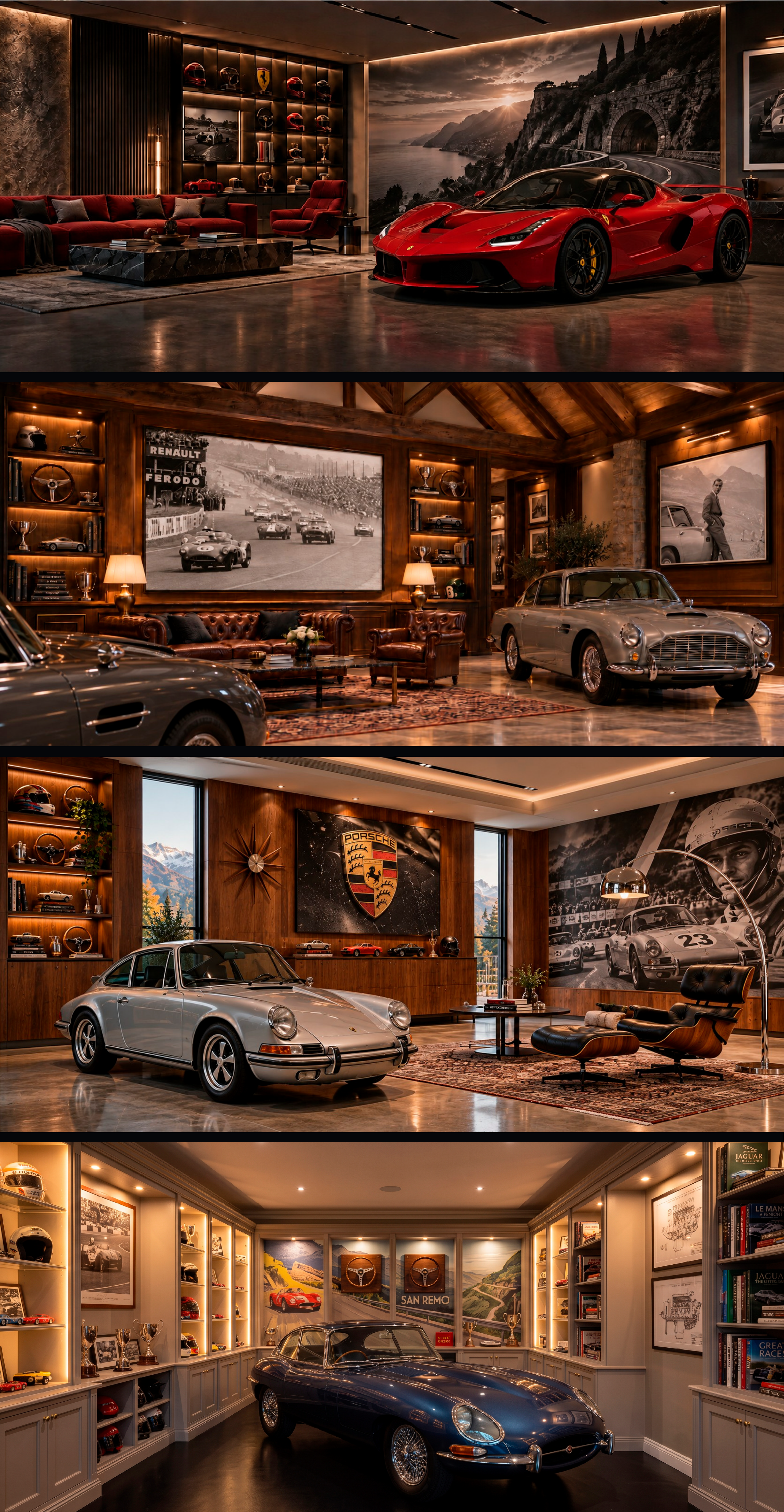 More than just a garage — traditional, mid-century and modern curated automotive interiors